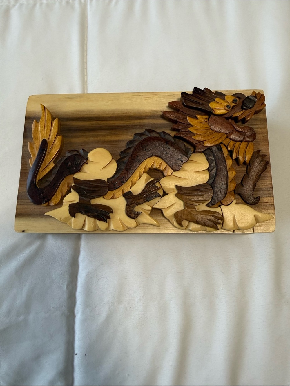 Carver Dan’s wood inlay dragon puzzle art box . Handcrafted in Vietnam.
